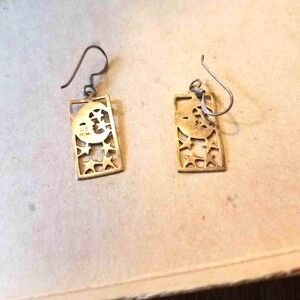 Sterling Silver Rectangular Stars And Moon Cutout Earrings